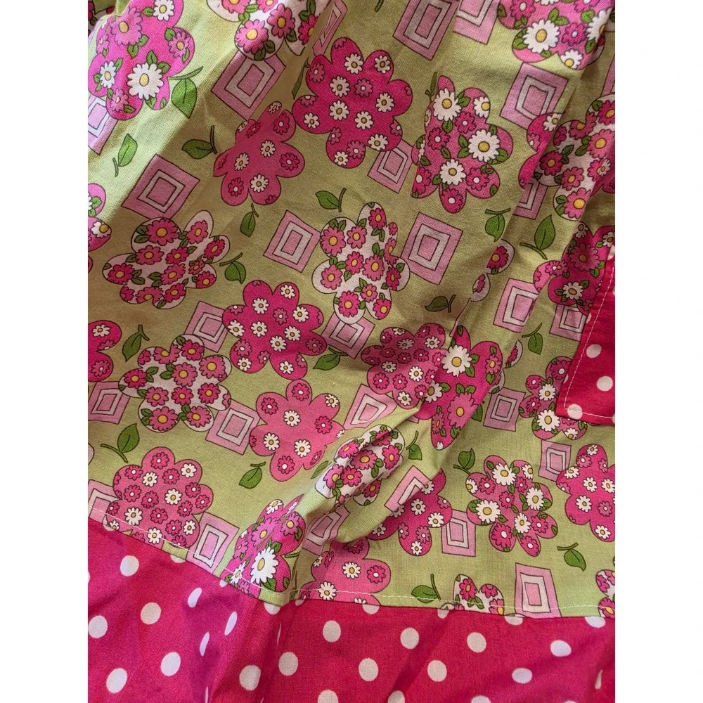Vintage Style Pink Green Floral Polka Dot Half Apron Daisy Lace Pocket